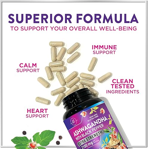 Miniatura 6 de Ashwagandha 2,100 mg - Suplementos de Ashwagandha para mujeres en cápsulas vegetales con polvo de ashwagandha y extracto de raíz, extra fuerte, a