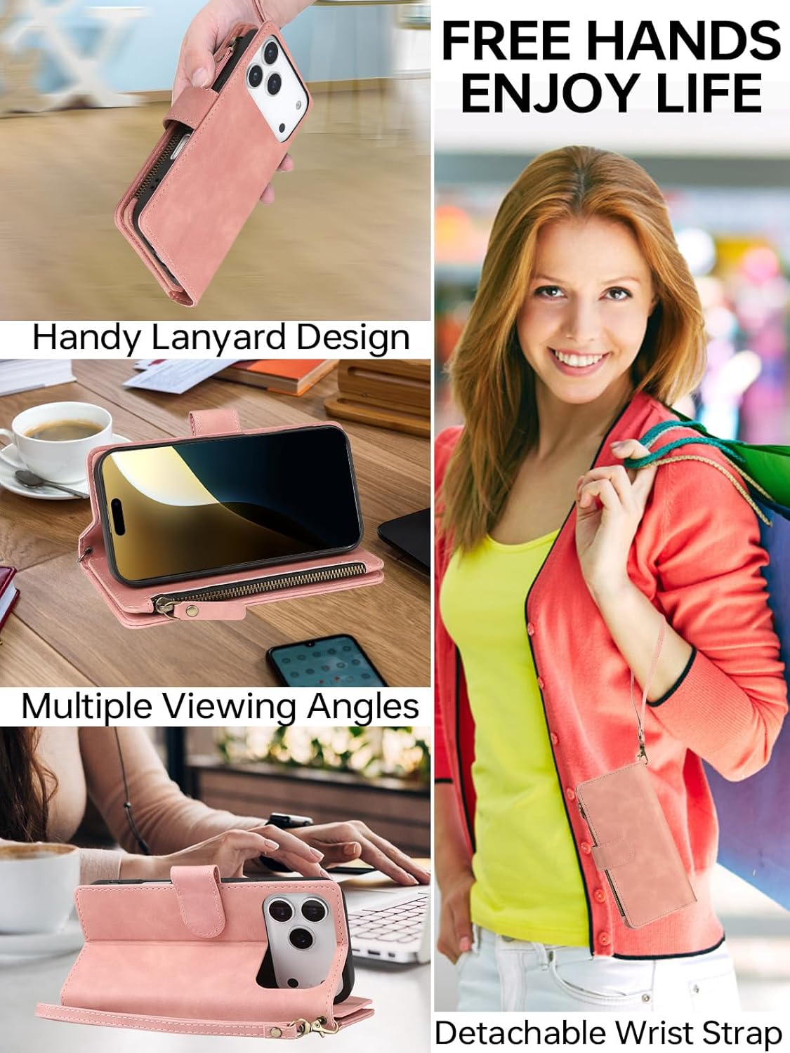 RANYOK Wallet Case Compatible with iPhone 17 Pro Max Case, with 6 Card Holder RFID Blocking, PU Leather Zipper Flip Wallet Pocket, Kickstand, Wrist Strap | Protective Phone Cover, Pink - Image 7