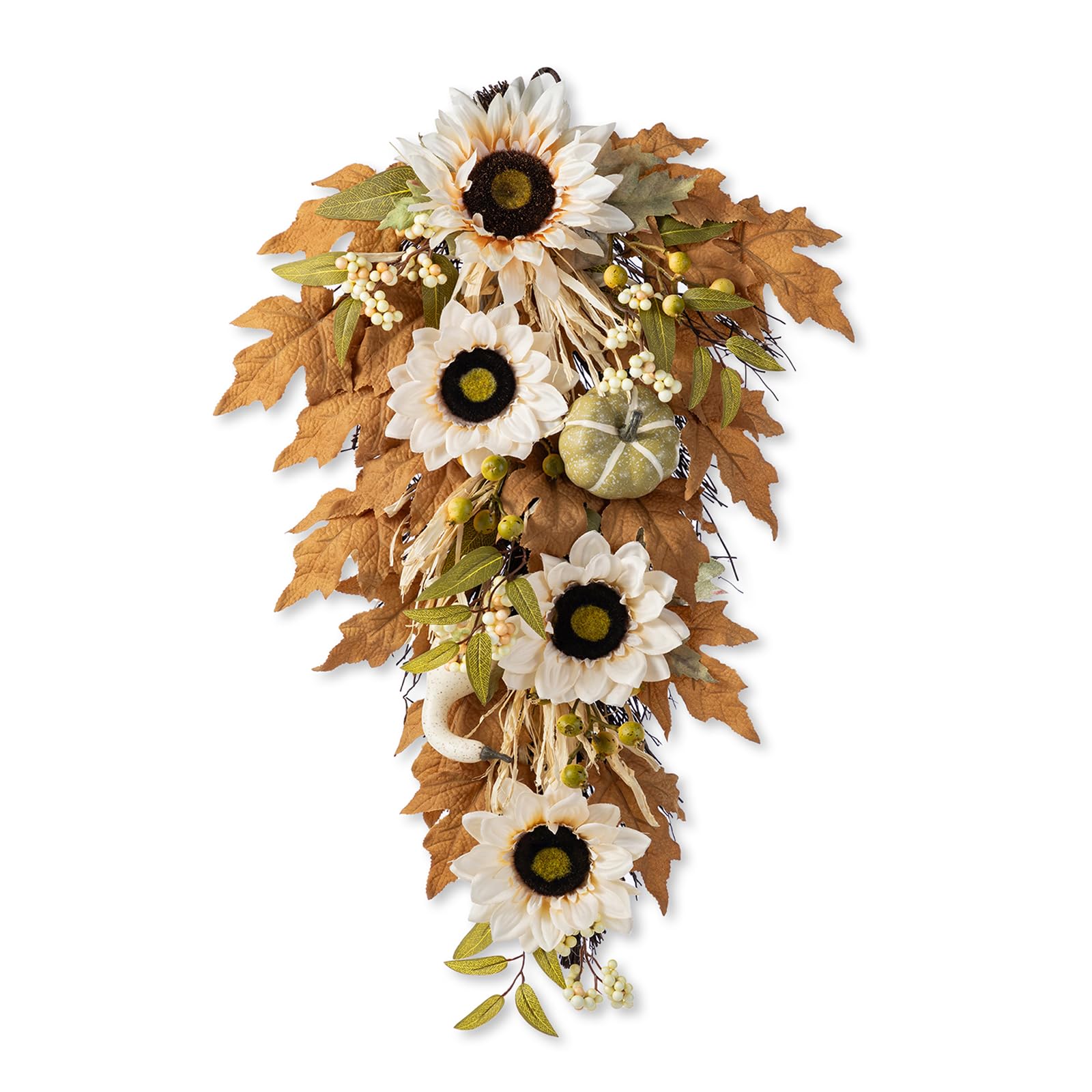 Glitzhome Fall Teardrop Swags for Front Door, 28''H Autumn Swag with Neutral Sunflower, Pumpkin and Leaf, Fall Swags for Front Door, Thanksgiving