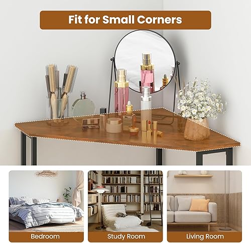 Miniatura 8 de Escritorio esquinero industrial, escritorio de computadora con toma de corriente, estantes de almacenamiento y marco de metal, escritorio de madera