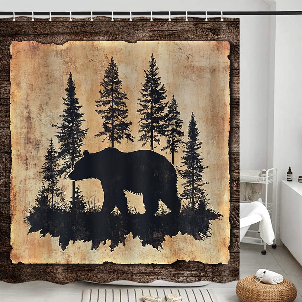 Rustic Bear Shower Curtain, Farmhouse Country Wild Animal Forest Vintage Wood Decor Bath Curtain, Hunting Camping Waterproof Fabric Bathroom Accessories Set with Hooks, 70X75IN
