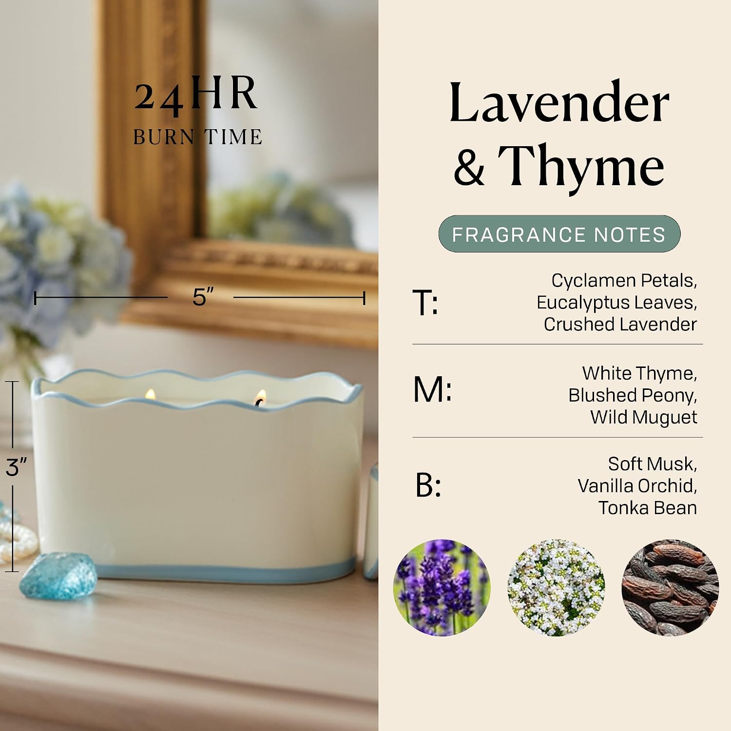 CHÉRIE Ceramic Dish Candle, Soy Wax Candle, Poured with Love Ceramic Jar with Scalloped Lid, Reusable Vessel, 5.5 oz, Lavender & Thyme