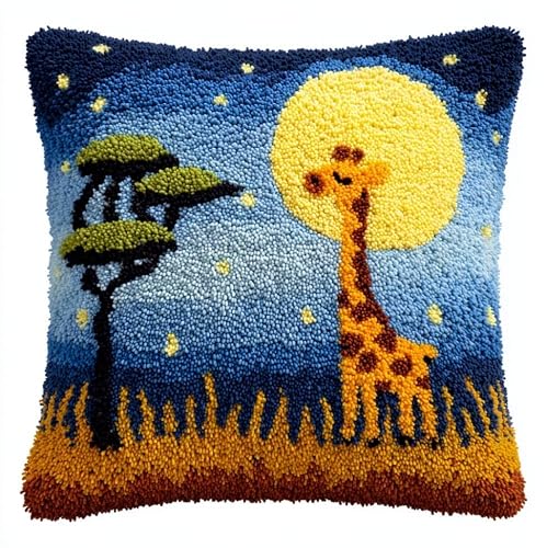 Taxpy DIY Latch Hook Pillow Kit Pre-Printed Hook and Latch Rug Kits Giraffes 17X17 Inch.Cross-Stitch Embroidery Cushion Cover for Home Sofa Decoration