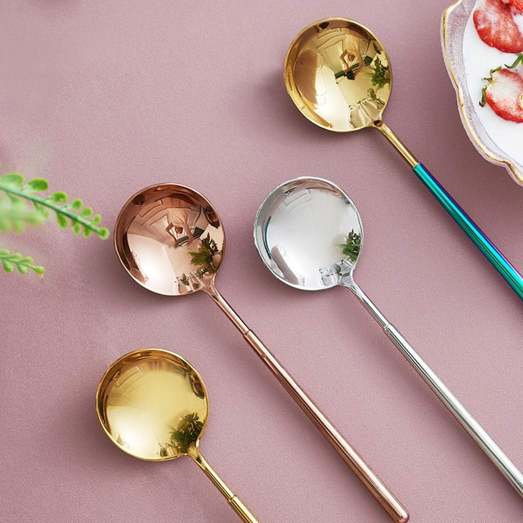 Serving spoon Large Capacity Household Spoon Long Handle Creative Round Head Watermelon Spoon Stainless Steel Coffee Milk Mixing Spoon Dessert Spoon Dessert spoon (Size : Large)