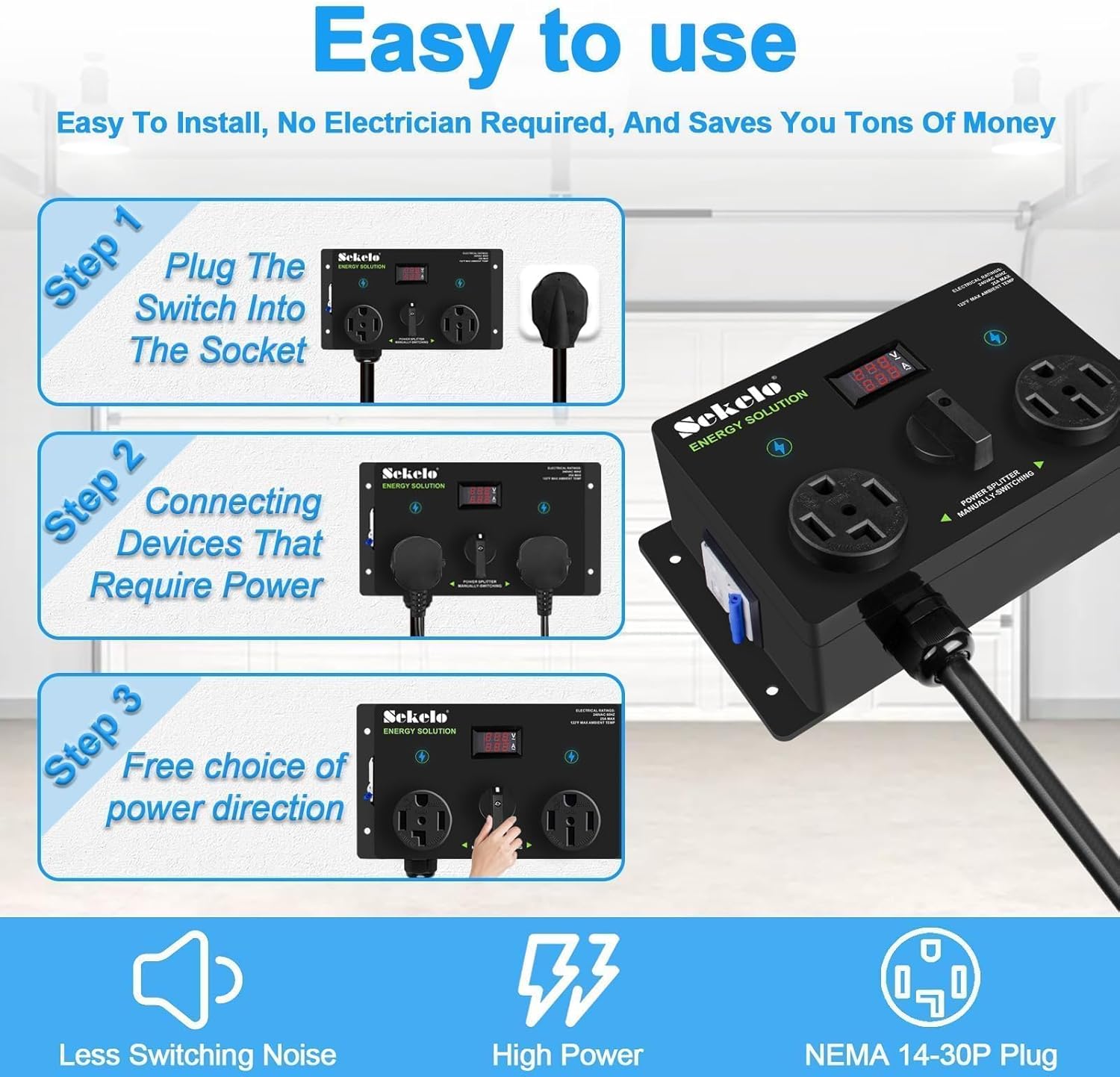 Manual EV Charging Switch for Dryer & EV, NEMA 14-30P to 14-30R & 14-50R, 240V, 24A 5.76kW Max Power Splitter, with a Safety Breaker Switch, Hand-Operated Selector, Plug and Play