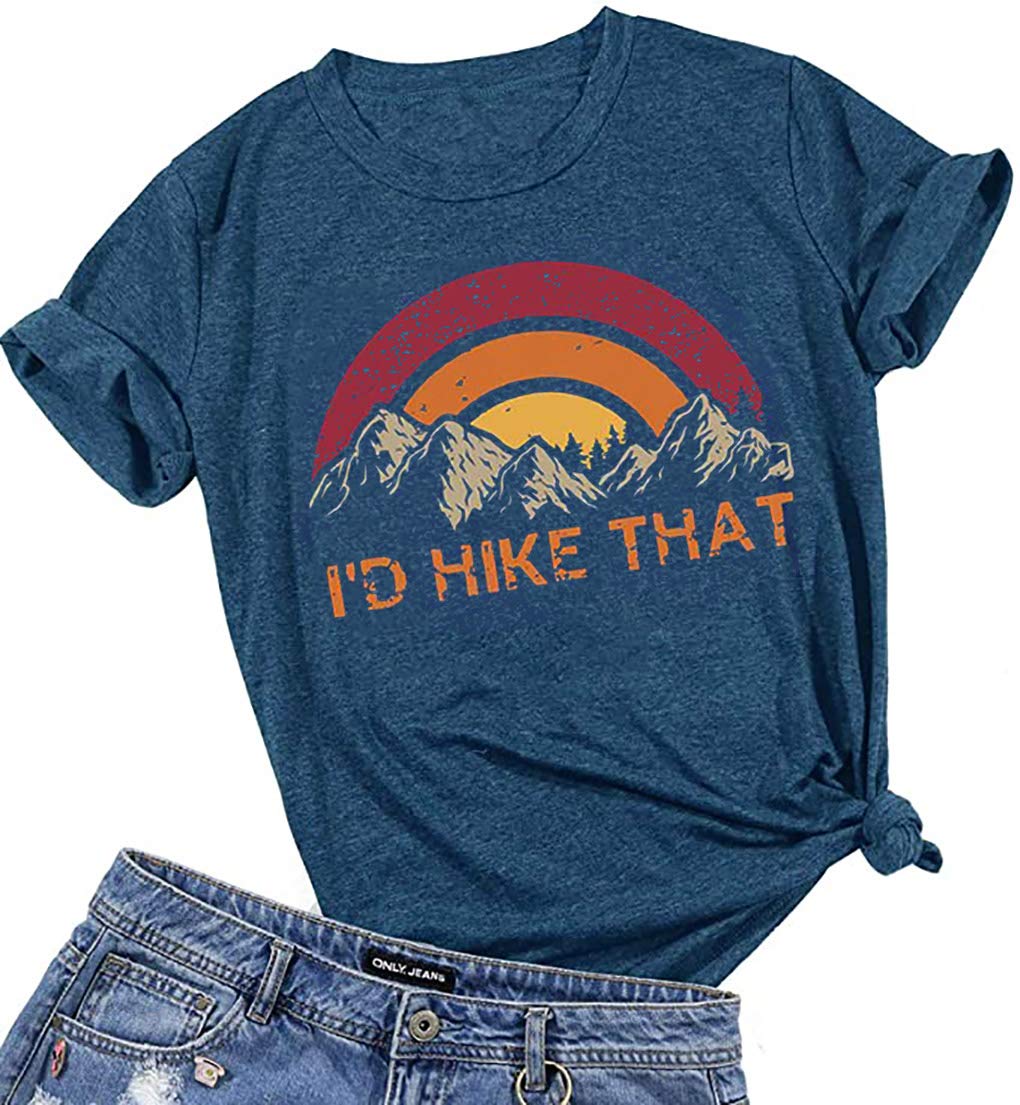 AIMITAGI'd Hike That Hiking Shirt Women Happy Camper Sunrise Mountain Graphic Tee Tops Short Sleeve Camp Lover Vacation Tshirt