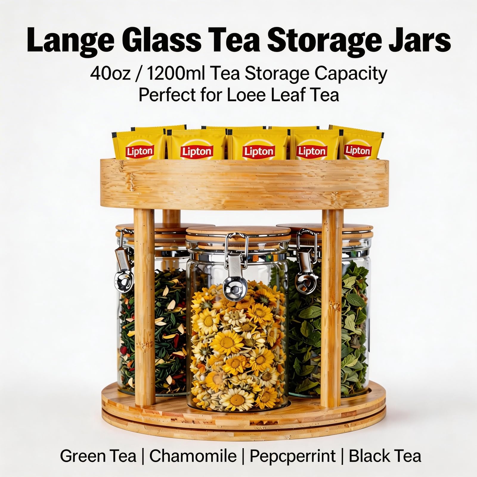 KKC HOME ACCENTS Kaffee-/Tee-Bar-Zubehör-Organizer für Arbeitsplatte, luftdichte Glas-Kaffeedosen mit drehbarem Bambusgestell für Kaffeebohnen, gemahlenen Kaffee, Tee, Kaffeekapseln