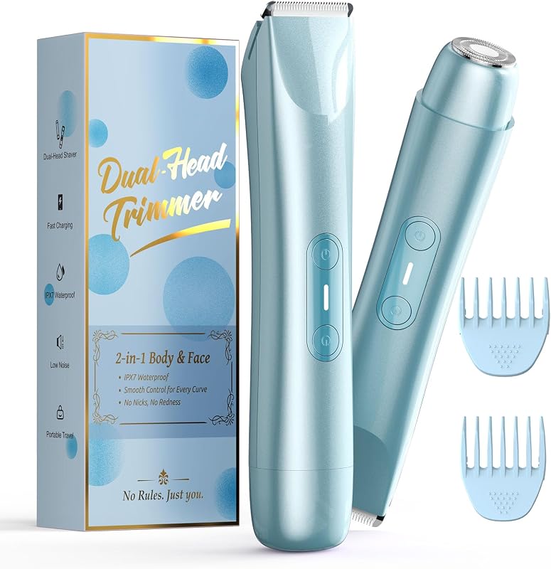 Bikini Trimmer for Women, 2 in 1 Dual Head Electric Razors, IPX7 Waterproof & Painless Shaver, Cordless Pubic Hair Trimmer for Leg Face Underarm Body Hair Removal, Blue