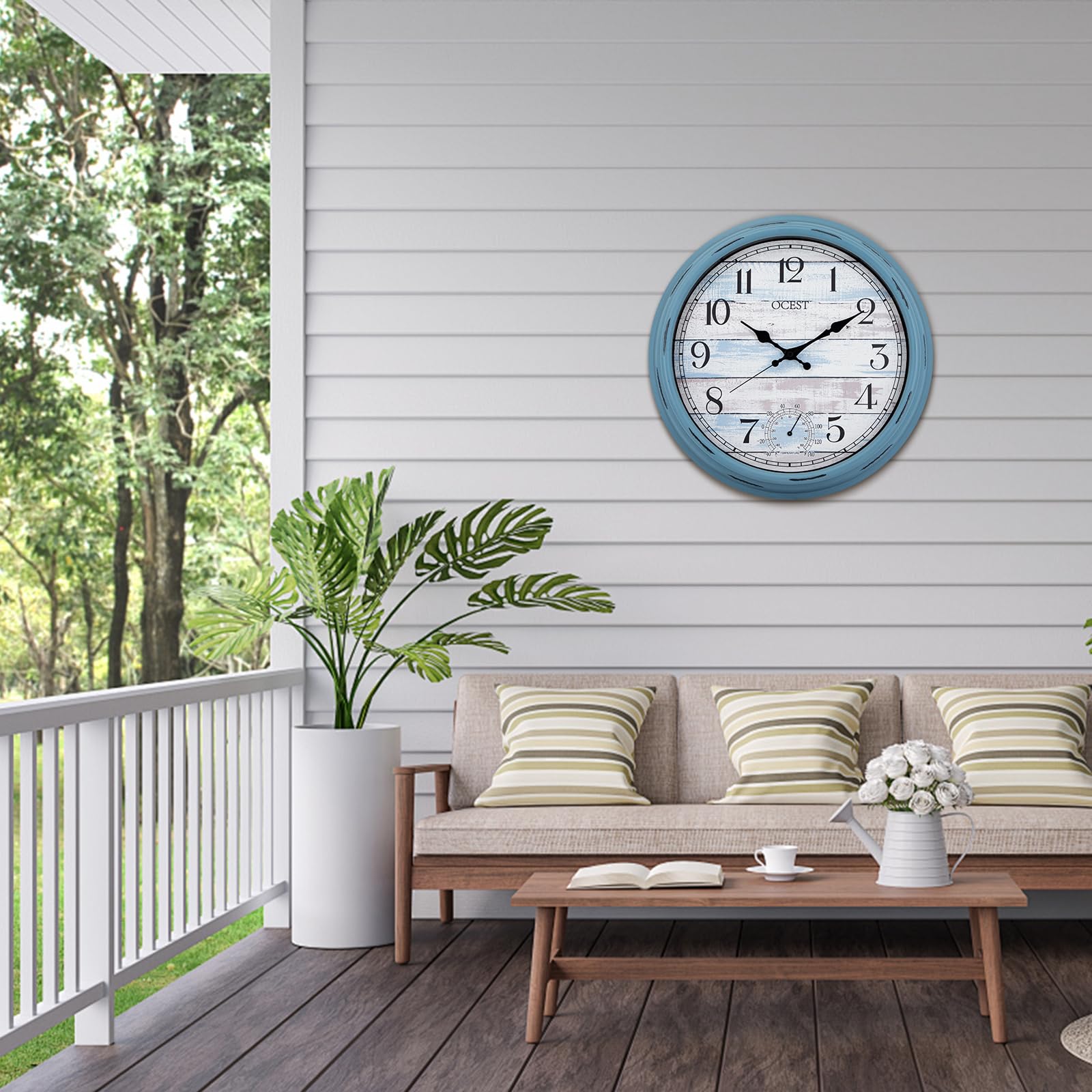 OCEST Reloj grande de 40,6 cm para interiores y exteriores, reloj de pared impermeable con termómetro, resistente a la intemperie, sin tictac, funciona con pilas, reloj decorativo para patio, piscina,
