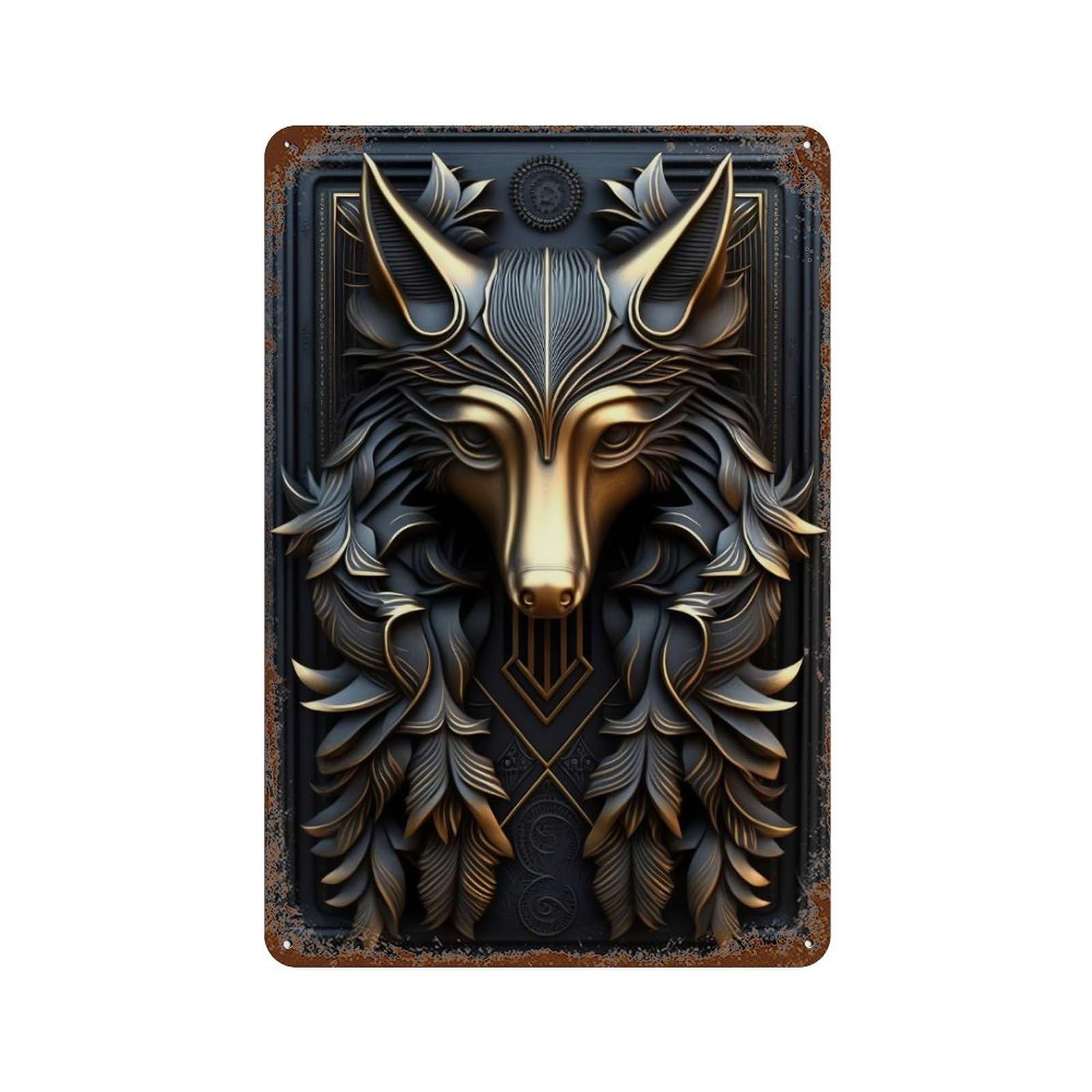 Garage Style Wolf Gold Relief Deco Rustic Tin Plaque 11.8"x7.9", Vintage Wall Decor for Bar And Workshop