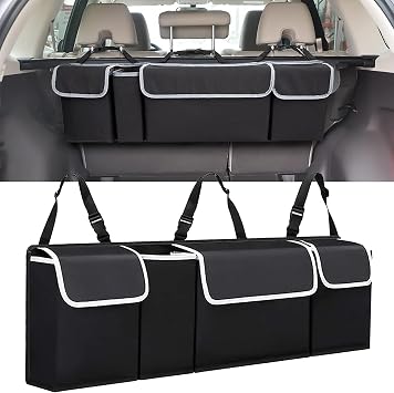 Car trunk organizer bag - storage accessory with adjustable straps, multiple pockets - suitable for cars, sedans, station wagons, SUVs, 4WD vehicles, foldable cargo net, rear seat cover, gadgets.