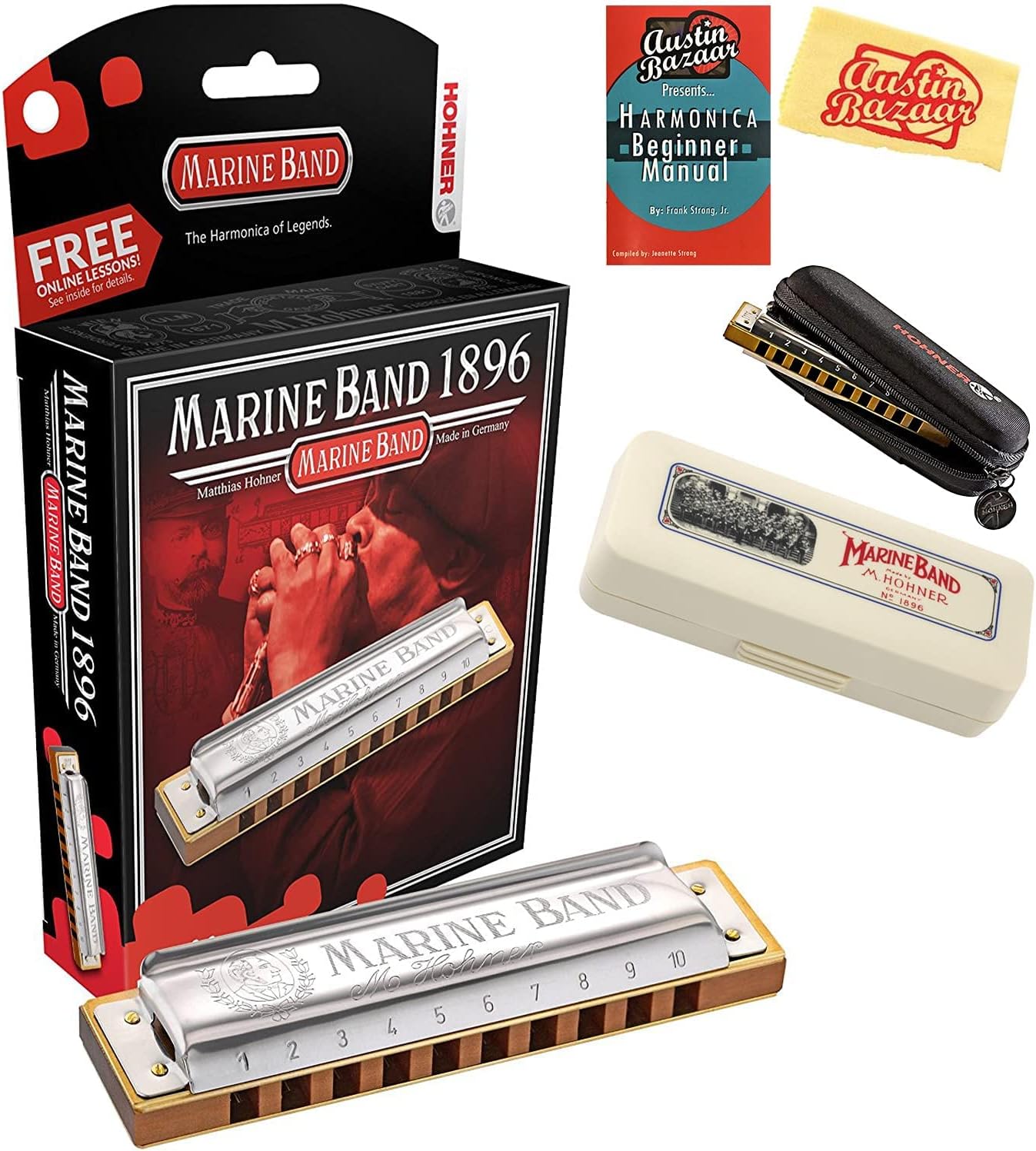 Hohner Marine Band 1896 Harmonica Key of D Bundle with
