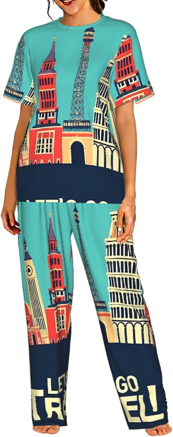 Let's go Travel for 2 Pack Womens Pajamas Short Sleeve Sleepwear Top and Pants Soft Outfit