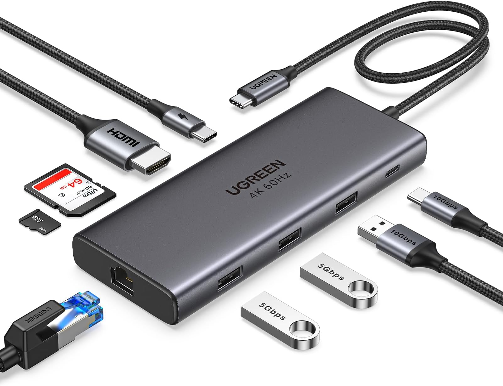 UGREEN USB C Hub, 9-in-1 USB C Dock with 4K@60Hz HDMI, 100W PD, 10Gbps USB-C and USB-A Data Ports, Ethernet and SD/TF Card Slots for MacBook Air M1/M2, iPad Pro, Surface, XPS, ThinkPad and More