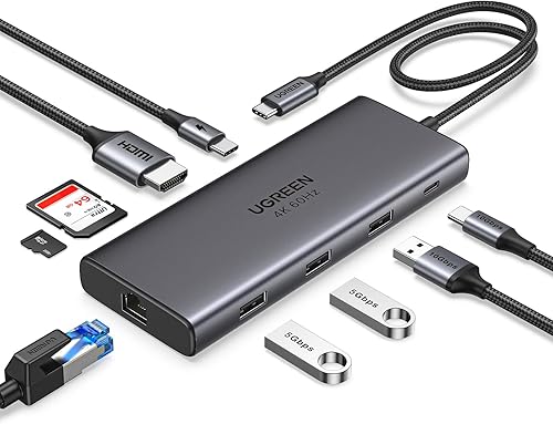 UGREEN Revodok Pro 109 USB C Hub 9 en 1 10Gbps USB C 3.2 y USB 3.2 4K HDMI, entrega de energía de 100 W, lector de tarjetas SD/TF Gigabit Ethernet