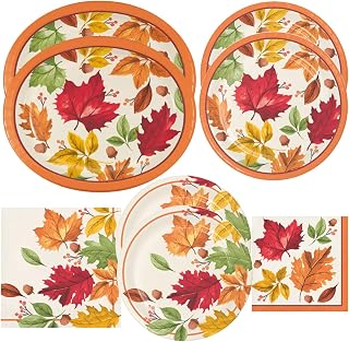 Fall Leaves Thanksgiving Party Supplies Pack | Harvest Themed Dinnerware Includes Disposable Banquet Platters, Paper Plates & Napkins, Serves 16 | Friendsgiving and Holiday Entertaining