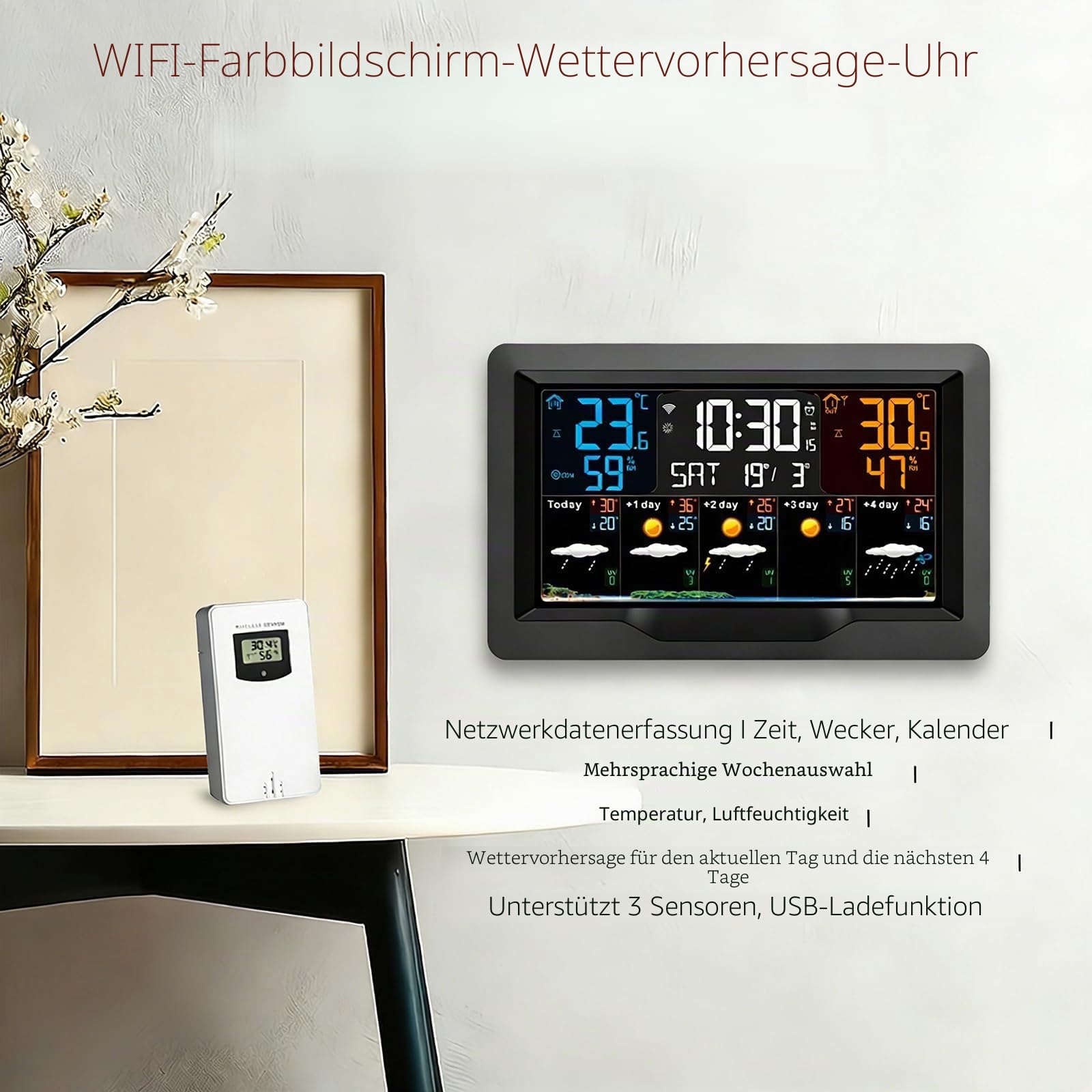 OBEST Wlan Wetterstation Funk mit Außensensor App WiFi Funkwetterstation | Farbdisplay Hygrometer Thermometer Humidimeter Innen Außen mit 5 Tage Wettervorhersage Luftfeuchtigkeit Luftdruck Zeit