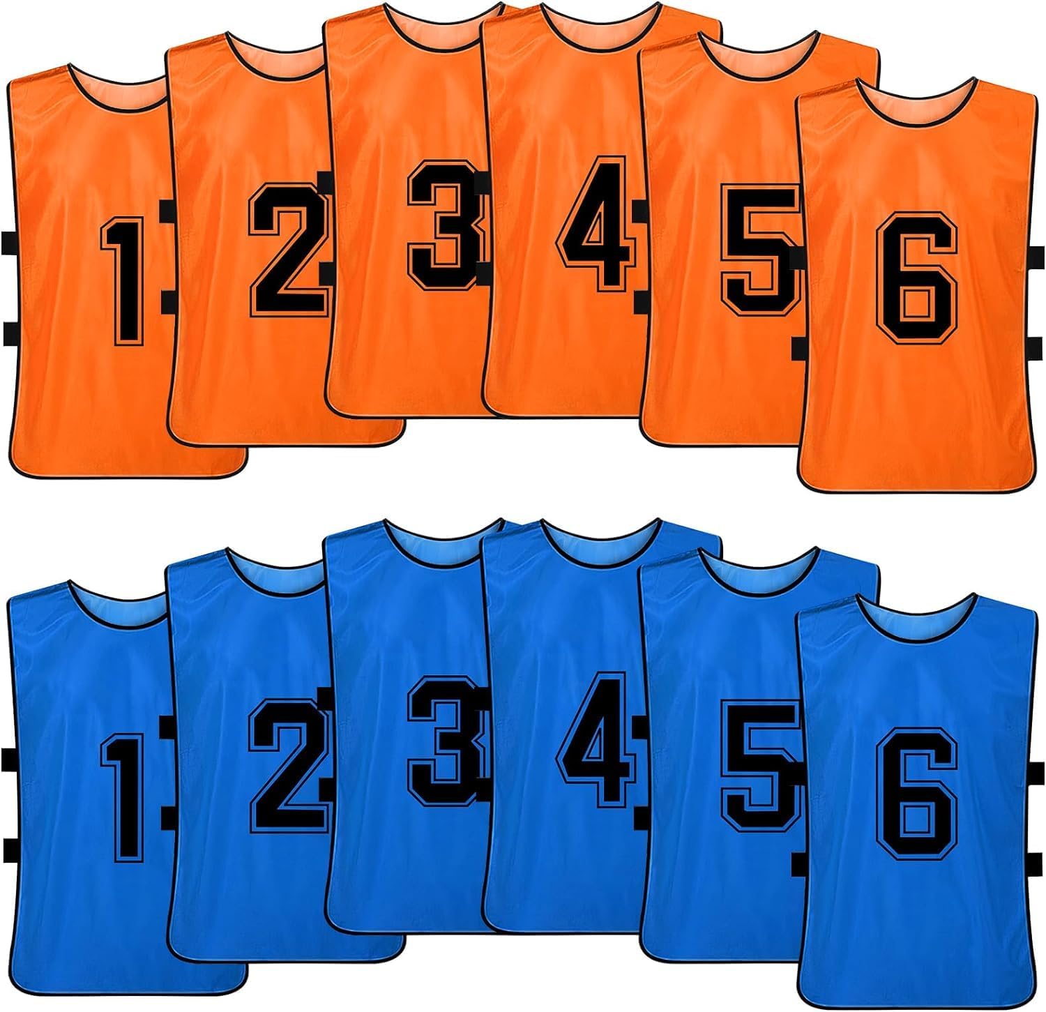 12 Chasubles de Football Enfants, Maillots d’Entraînement Réversibles Numérotés – Gilets de Sport en Maille pour Basket, Foot, Volley, Rugby – Bleu et Orange