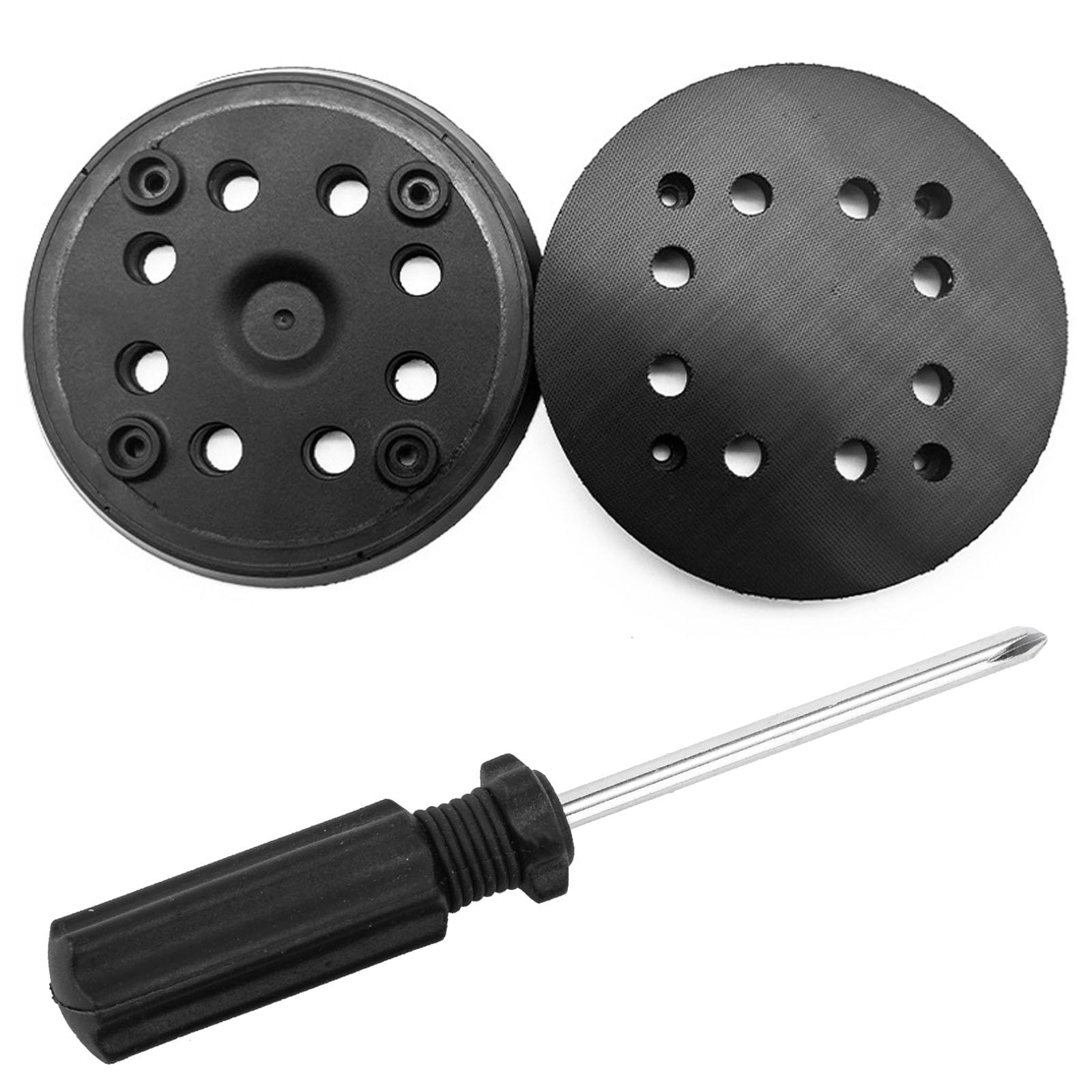 NIYATA 2 discos de lijado de repuesto para Bosch PEX 270 A/AE, poliuretano, fino, negro, compatible con lijadora orbital Bosch, 125 mm, 8 tornillos y 1 destornillador