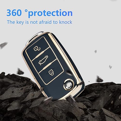 Miniatura 5 de YHC Funda para llave de coche VW Volkswagen con llavero dorado compatible con Jetta Beetle Tiguan Passat Golf