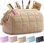Quilted Pink Makeup Bag for Women, Travel Makeup Case with Wide-Open Top, Cosmetic Bag Organiser with Internal Pockets, Lightweight Toiletry Pouch for Everyday Essentials