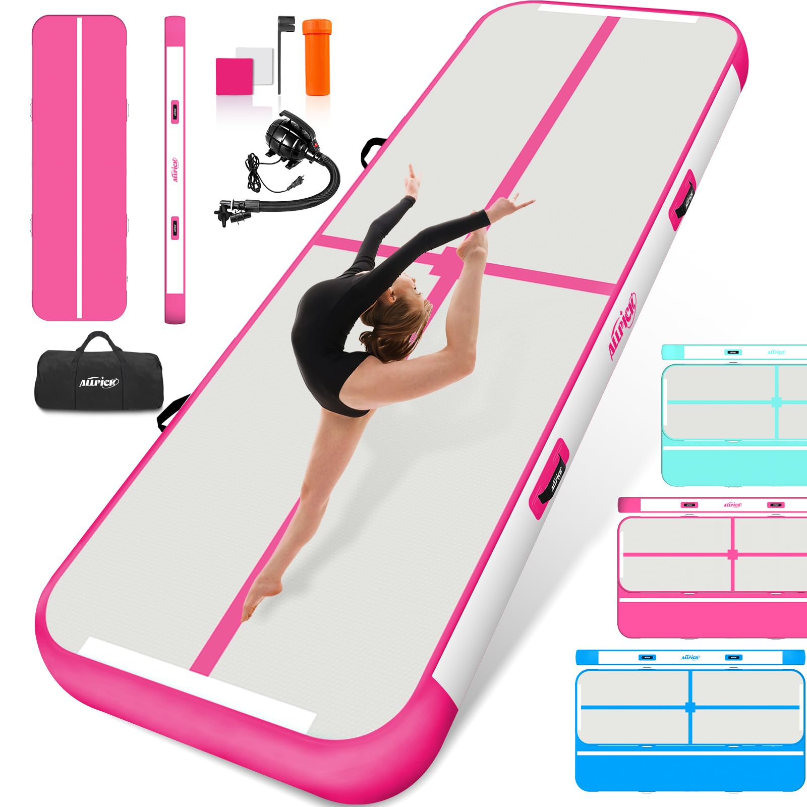 ALLPICK Turnmatte Aufblasbar mit elektrischer Luftpumpe, Länge 3/4/5/6 m Trainingsmatte, 10/20 cm hoch Tumbling Matte, Doppelseitiges Design Aufblasbar für Gymnastikmatte, Yoga -Rosa 400*100*10 cm