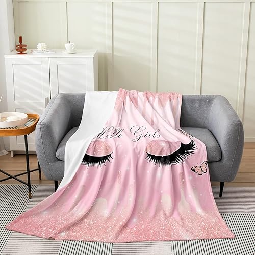 Manta de pestañas para niños y adultos, manta de forro polar de tinta fluida rosa degradada, decoración de sofá cama, regalo para niñas, manta de