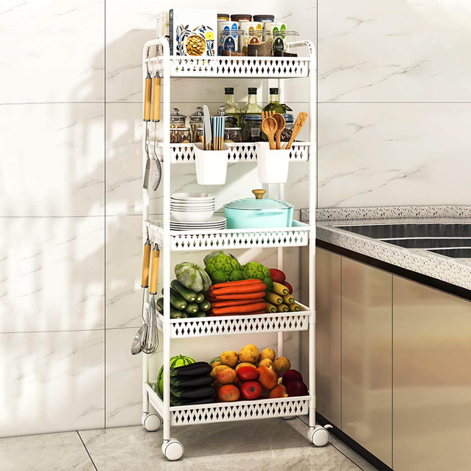 Carrito de Almacenamiento rodante de plástico de 5 Niveles - Estantería móvil para organizar Cocina, baño y lavadero - Color Blanco, diseño Compacto, fácil Movilidad