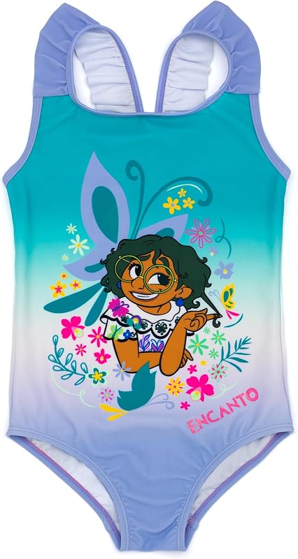 Disney Encanto Swimsuit for Girls | Kids Purple & Blue All in One Floral Swimming Costume| Mirabel Frilly Straps Swimwear