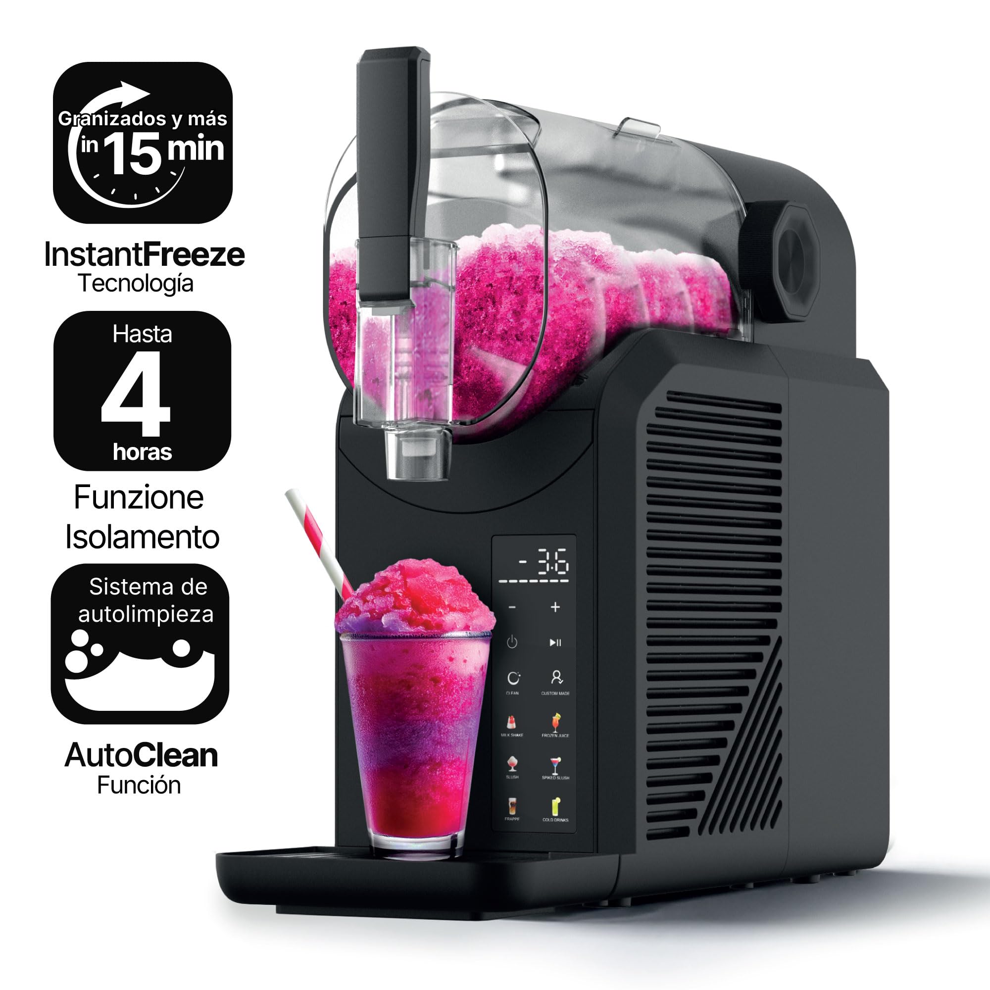 Seeger SuperSlush Máquina de Granizado Heladera, 2L, 7 Modos | InstantFreeze Tecnología: Bebidas en 15-30 min, Slushi, Granizados, Frappés, Margaritas, Frozen Drinks, Negro, SLFRZ1BK
