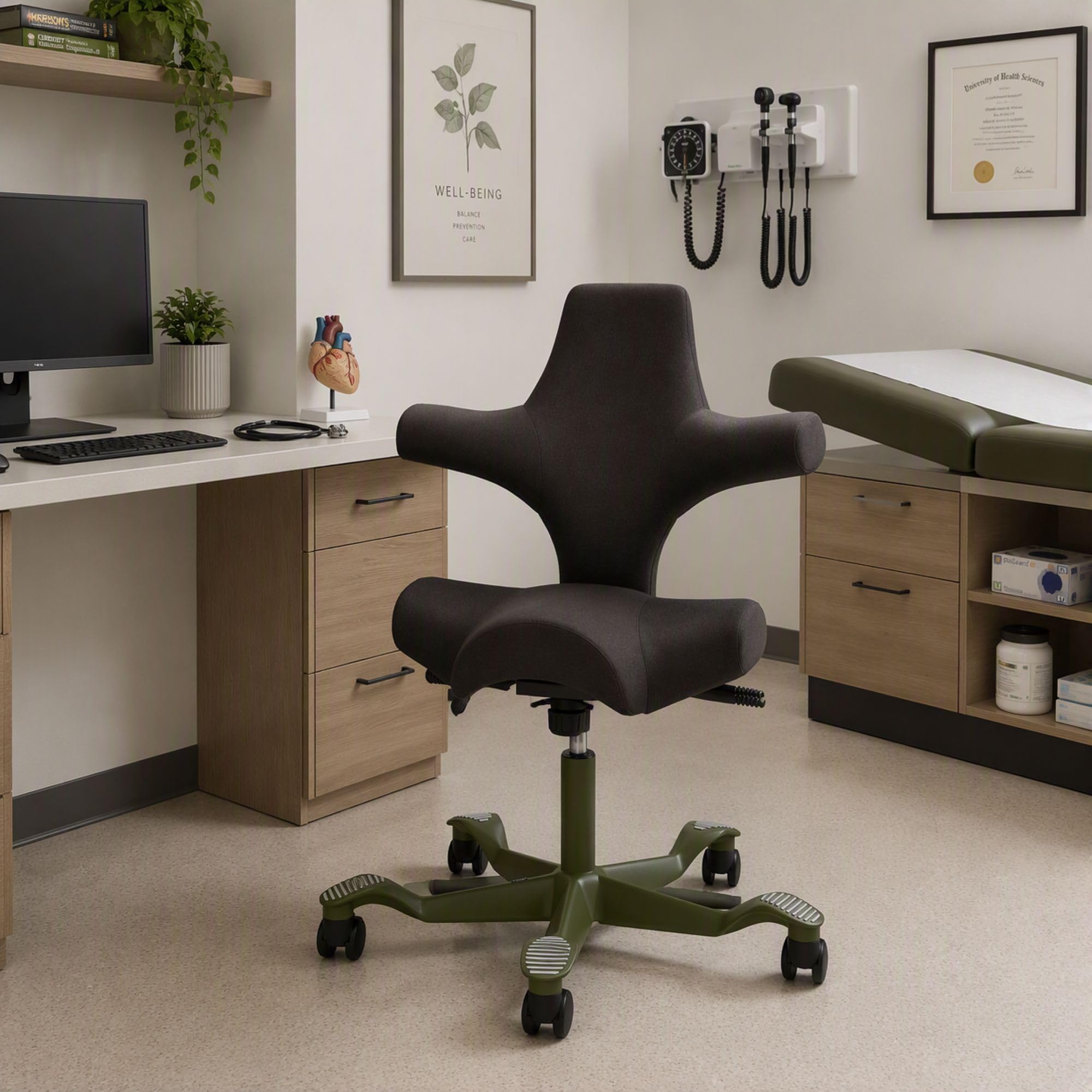 HAG Capisco Standard Chair-Moss Green Frame-Upholstered Black Onyx Vinyl