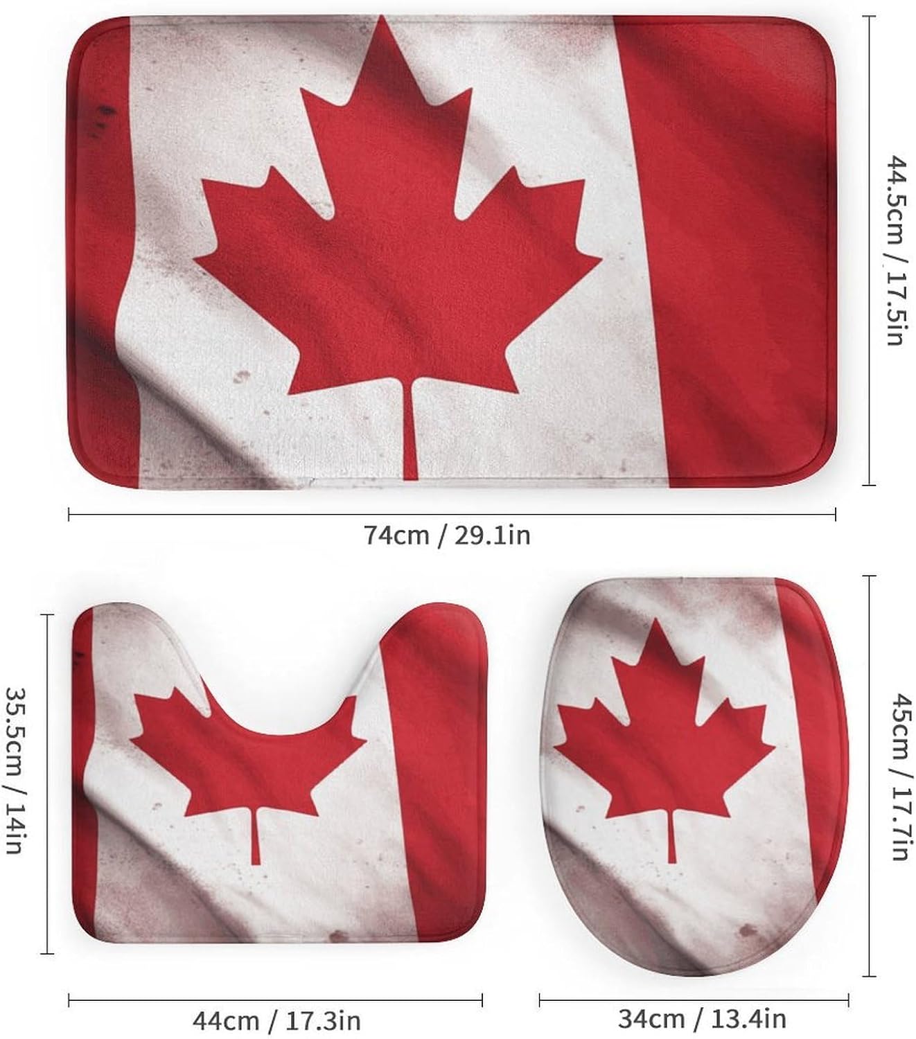 Canadian Flag Shower Curtain Set 4 Piece, Non-Slip Bath Mat with Toilet Lid Cover and Waterproof Shower Curtain with 12 Hooks, Complete Bathroom Set for Home Decor