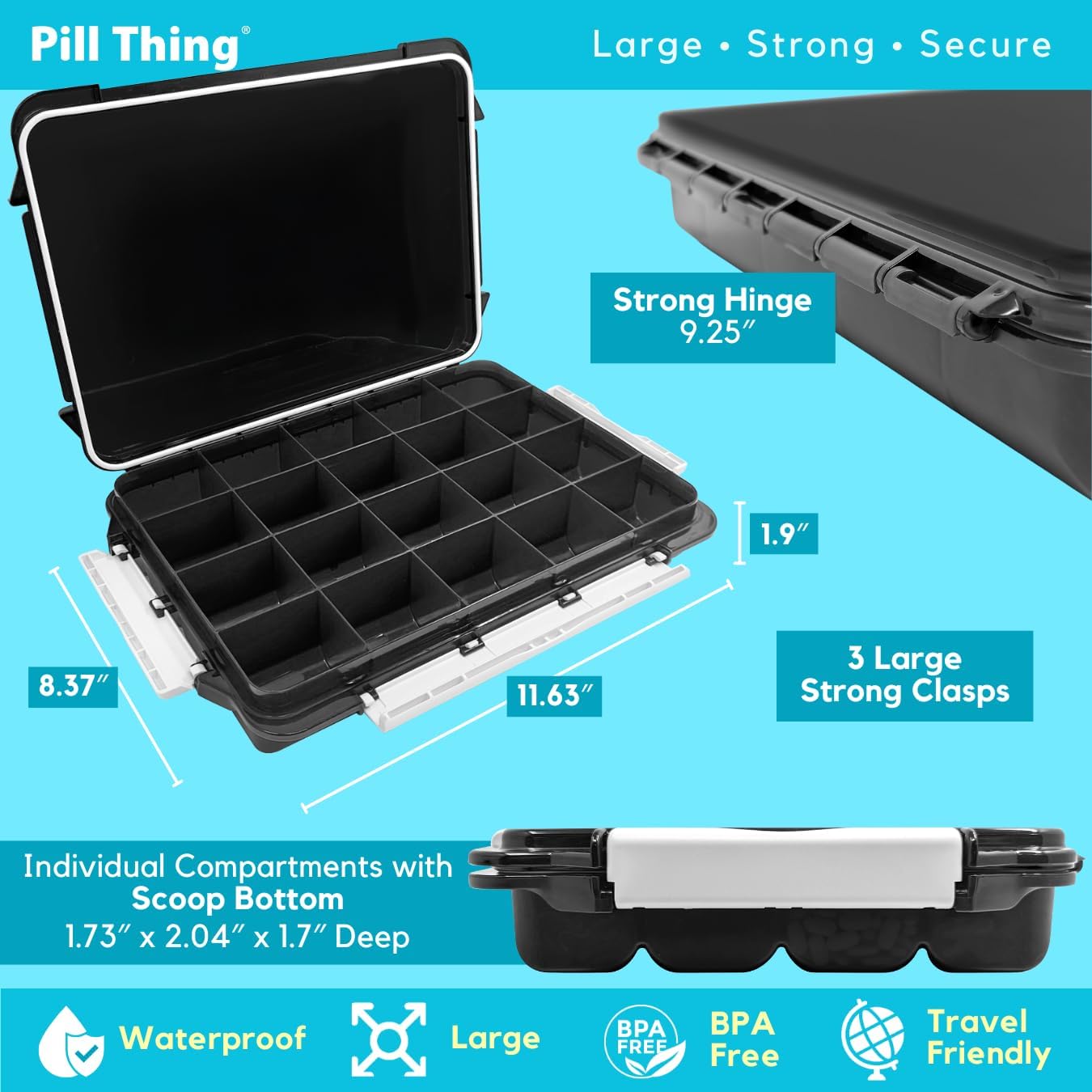 20 Compartment UV Protected Large Pill Case Set with Airtight Seal, Spill Proof, Silicone Gasket Waterproof Med Box with Medication Map & Medical Alert Card (Combo Pack - 1 Black & 1 Blue)