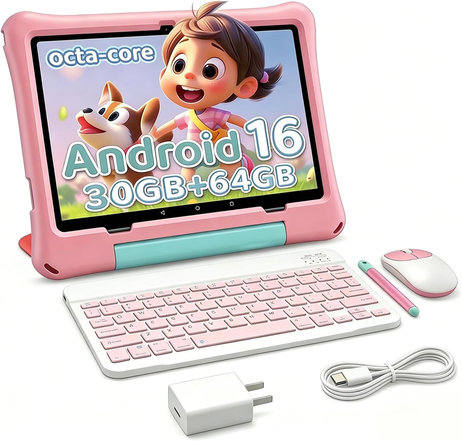10 inch Kids Tablet with Keyboard & Stylus, Android 16, 30GB RAM 64GB ROM, 1TB Expandable, Parental Control, 6000mAh Battery, Eye-Care Display, Kids Gift (Pink Case and Keyboard)