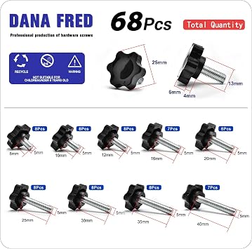 68 Pieces Star Knobs Screw Kit M5 Nylon Black Plastic Replacement Star Hand Knobs with Steel Tightening Screws Standard Metric Handle Thread Stud Bolt Hardware M5x8/10/12/16/20/25/30/35/40 mm