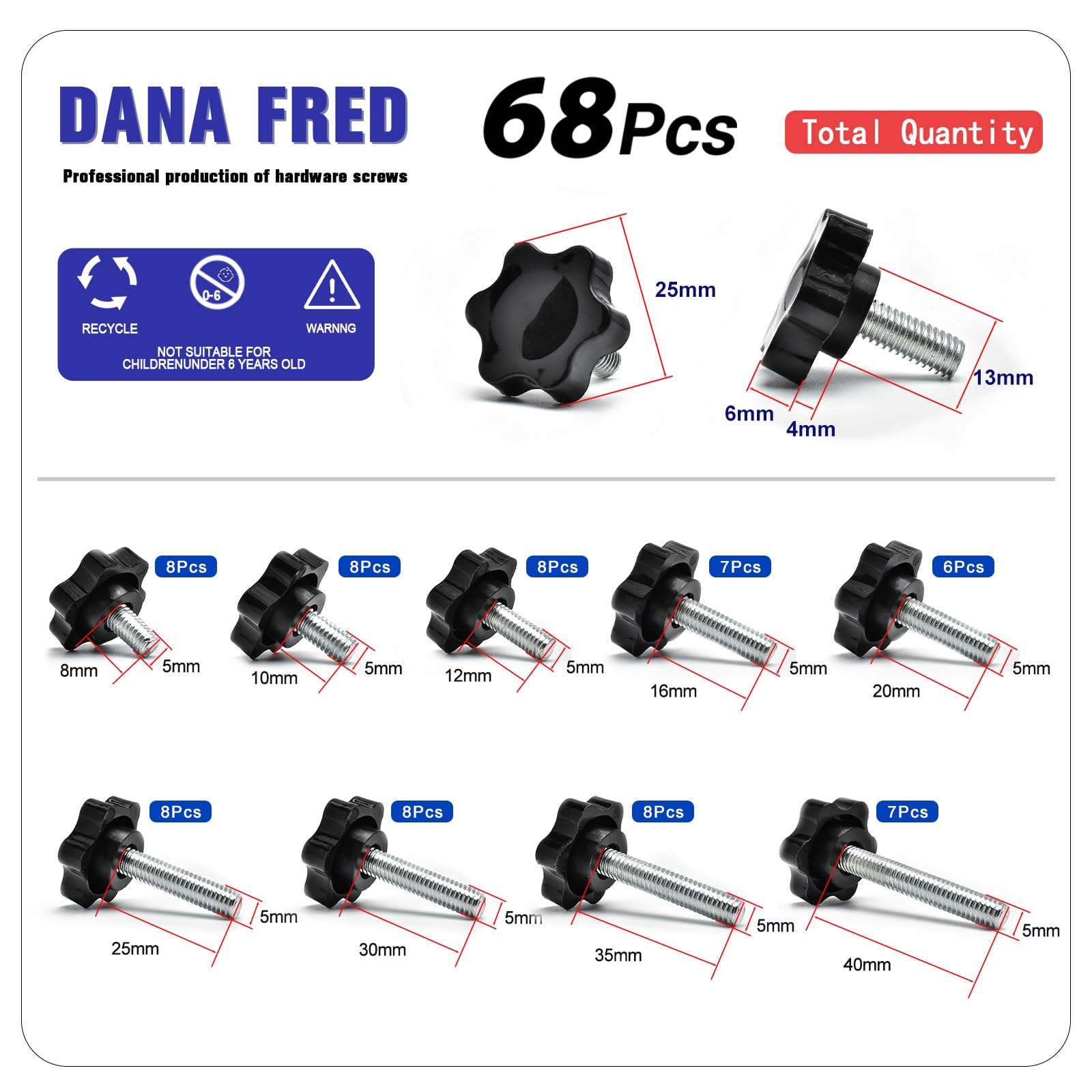 68 Pieces Star Knobs Screw Kit M5 Nylon Black Plastic Replacement