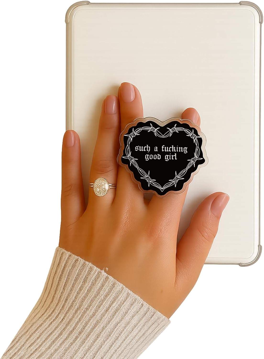 Such a Goood Girl Kindle Grip,Heart Shape Accessories for Kindle,Phone Grip,Black Collapsible Stand Holder for Phone eReaders, Book Lover Gifts