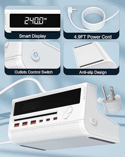Miniatura 6 de Regleta de alimentación con puertos USB, protector de sobretensión, estación de carga USB 100 W 10 en 1 con 4 salidas de CA, 3 puertos USB-C y 3