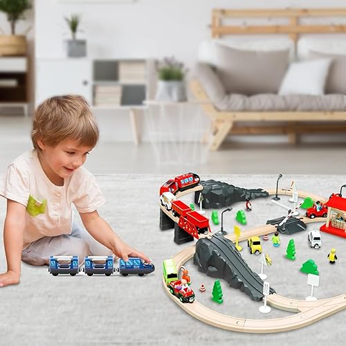 Miniatura 7 de Juego de pistas de tren de madera con pilas, juguete de alta velocidad para niños de 3, 4, 5 años, acoplamientos magnéticos para niños y niñas,