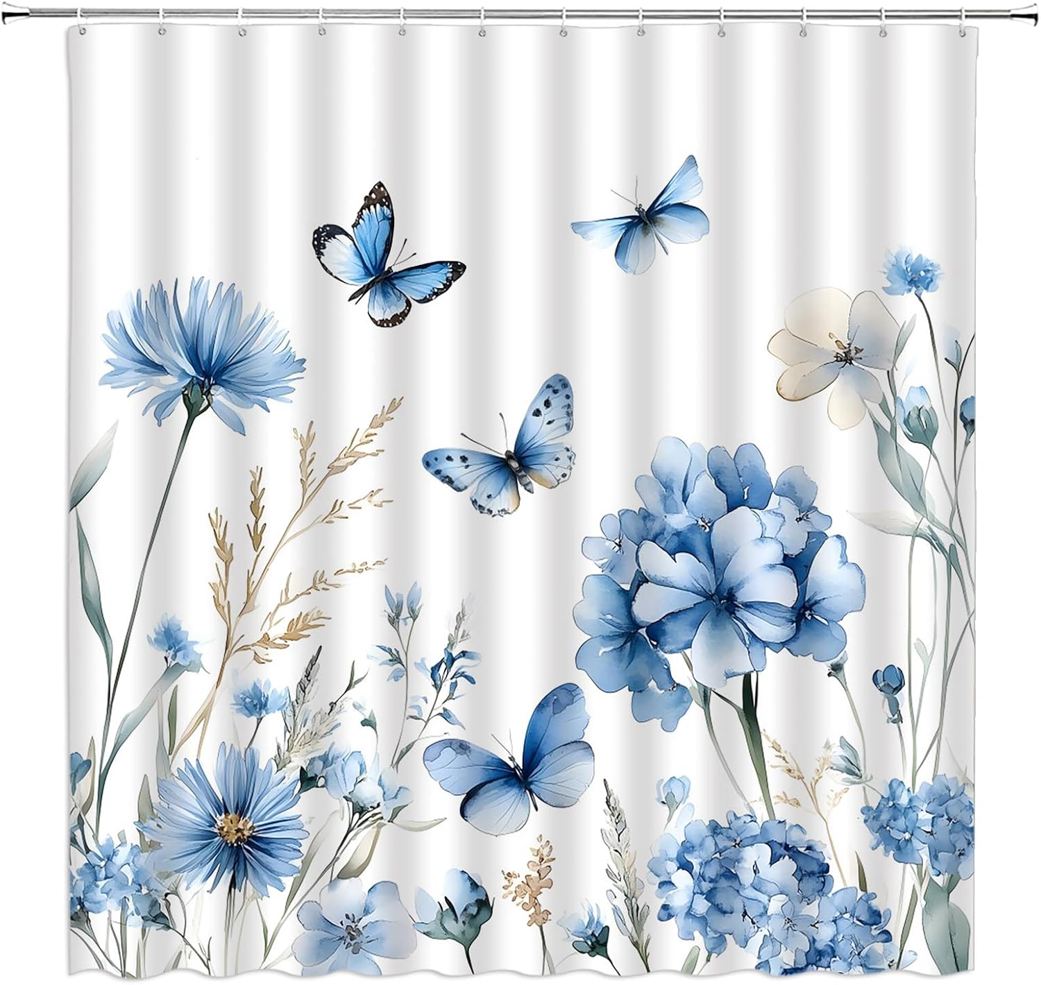 Blue Floral Extra Long Shower Curtain,Watercolor Flower Blossom Butterfly Spring Nature Bathroom Home Curtain Decor with Hooks,70x78 Inch