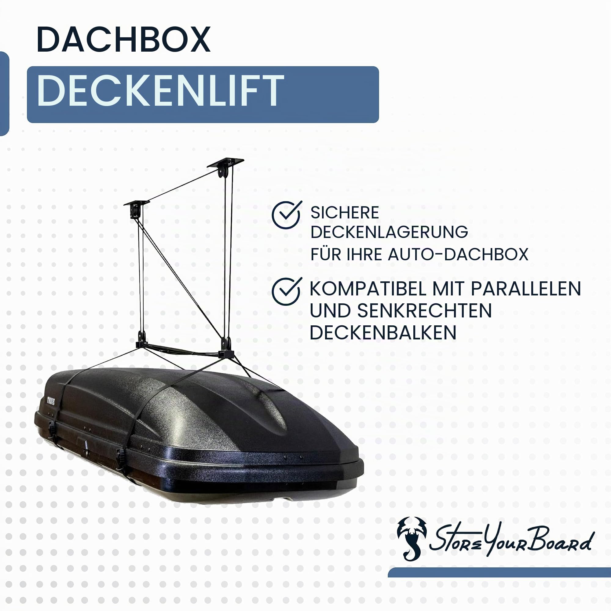 StoreYourBoard Dachgepäckbox, Garage, Deckenaufbewahrung, Überkopf-Organizer, Hebesystem, strapazierfähig, hält 68 kg