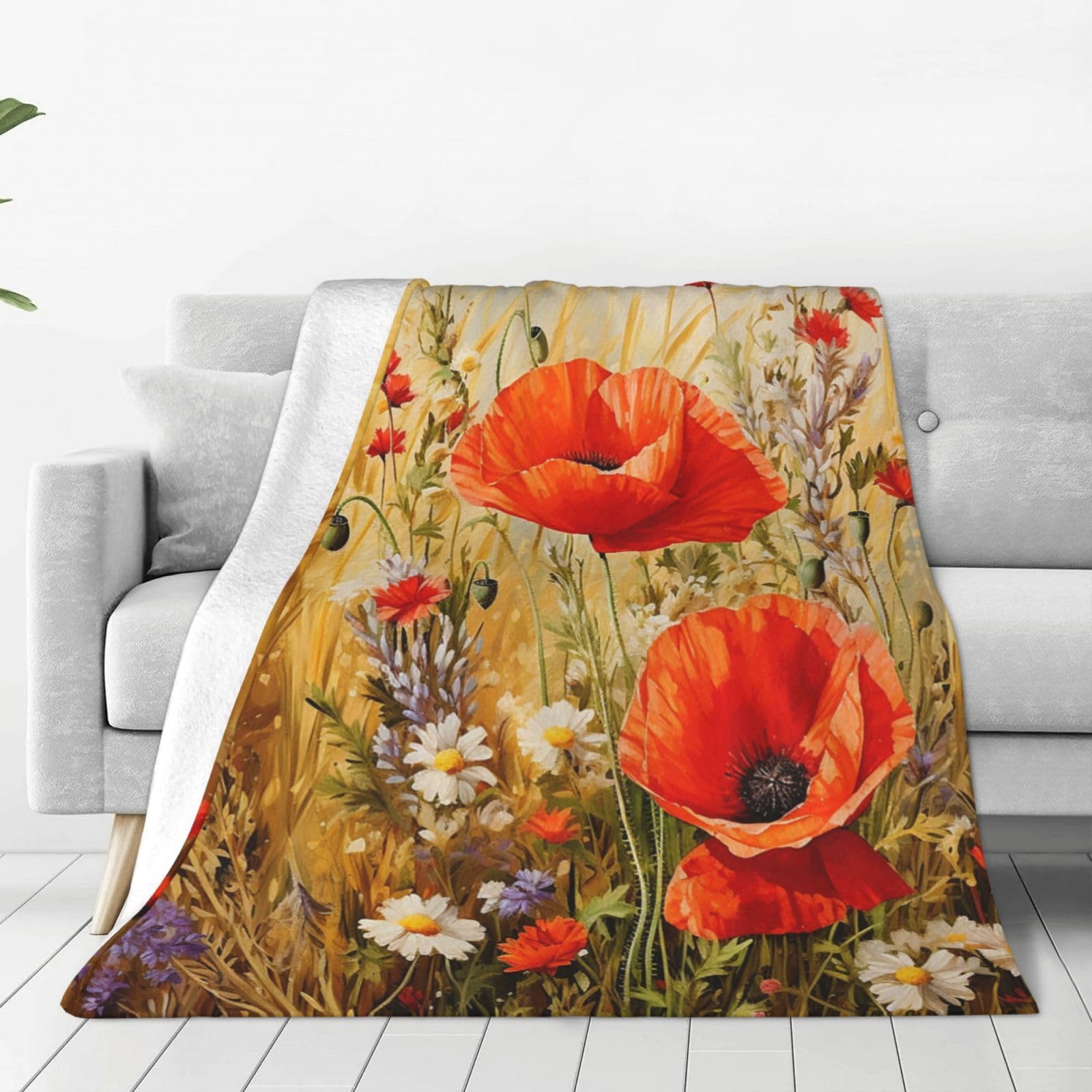 Mexpekil Retro Poppy Throw Blanket, Art Poppy Flower Soft Warm Fleece Blanket Fluffy Plush Flannel Blanket For Bed Sofa Couch Home 125x150cm