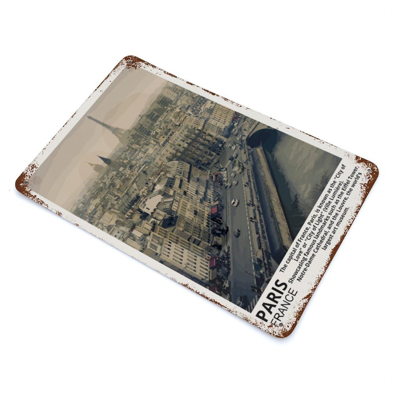 Rust Effect Paris France Aged Metal Wall Plaque 11.8"x7.9", Farmhouse Wall Decor for Office, Studio And Wall Decor