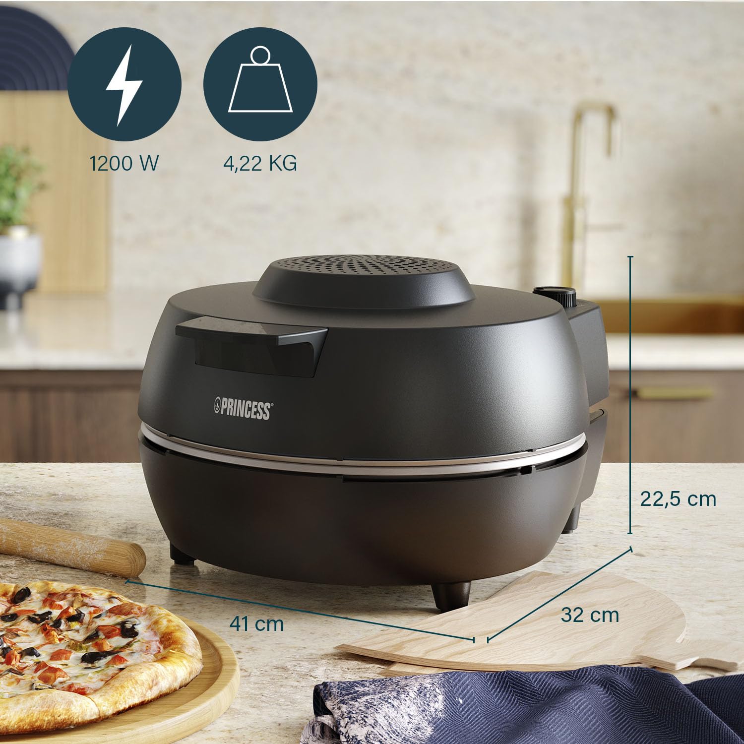 Princess 115005 Horno para pizzas, 30 cm, Piedra especial para pizzas, 2 palas para sacar la pizza del horno, Temperatura (hasta 400 C) y temporizador (15 min.) ajustables, 1200 W