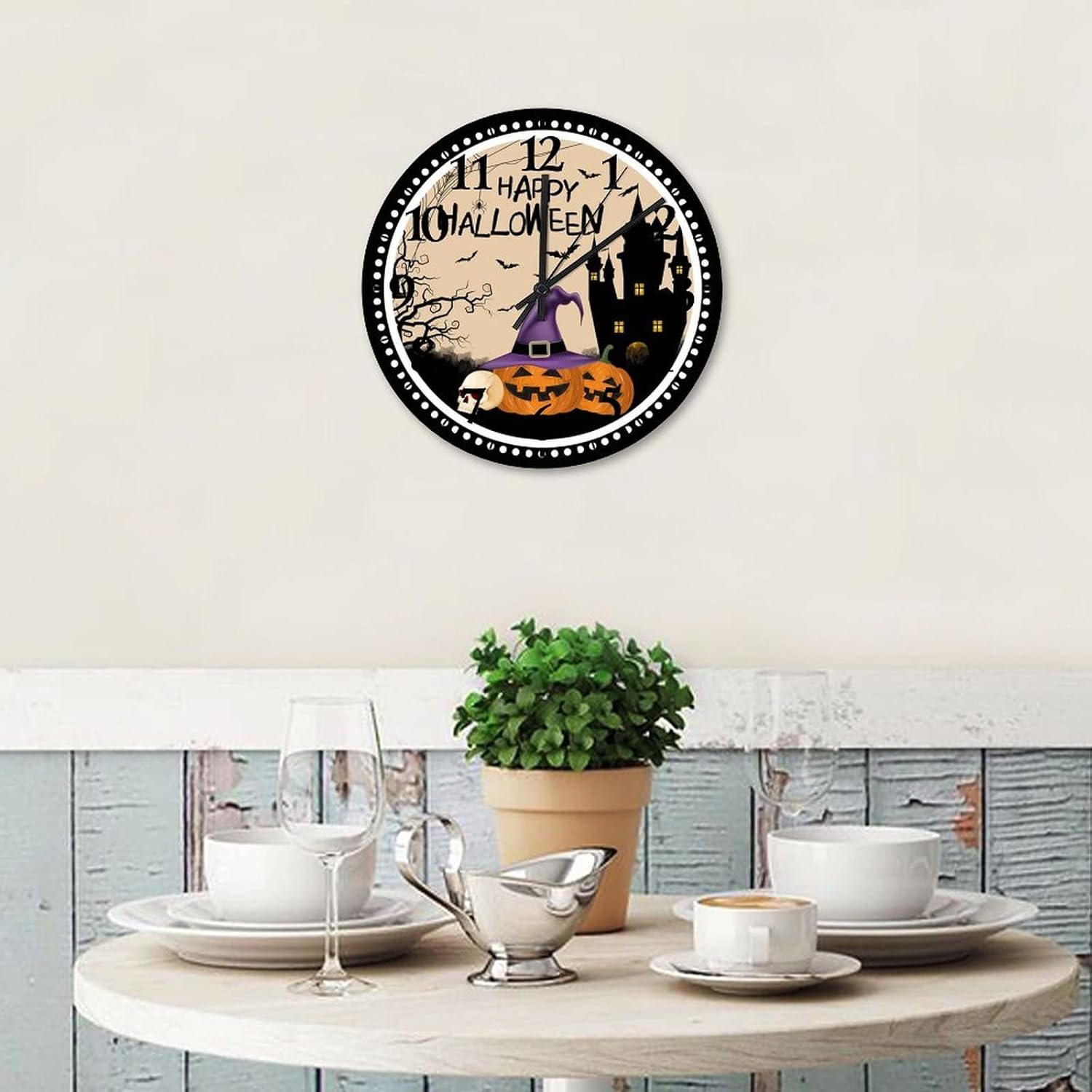 Happy Halloween Pumpkin Hunted House Wall Clock 12 Inch, Halloween Pumpkin Silent Wall Clock Silent & Non-Ticking Round Arabic Numeral Clock for Farmhouse Home Decoration