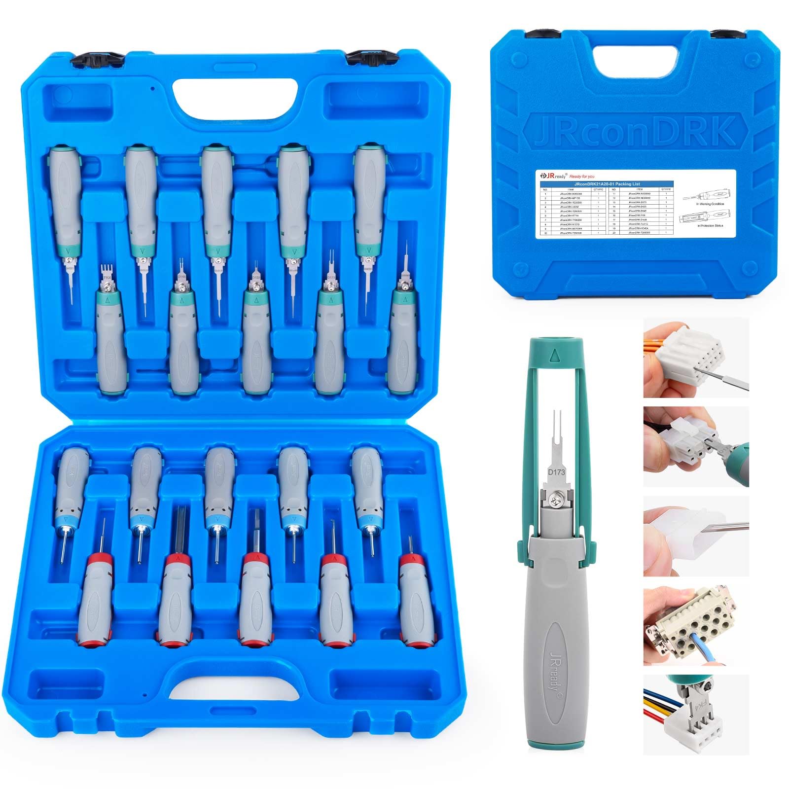 JRready JRconDRK21A20-01 Auspinwerkzeug-Kit, neues Entriegelungswerkzeug mit Schutzhülle, kompatibel mit Deutsch DT-Serie, Molex Micro-Fit-Serie, Metri-Pack-Serie, TE, AMP, Harting, WAIN D-Sub-Serie