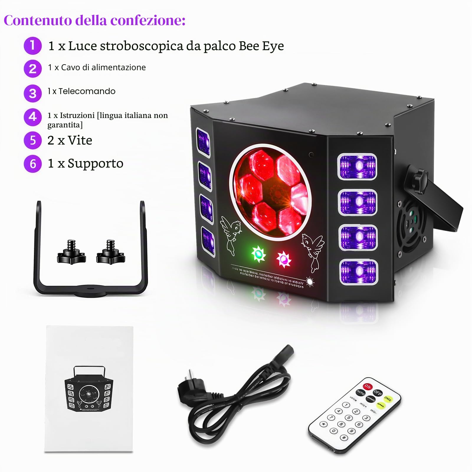 Luce discoteca, 100 W, luce da discoteca, luce da festa, occhio d'api, flash UV, 14 canali, D-MX con controllo vocale, telecomando, adatta per matrimoni, feste di compleanno, Halloween, bar evento