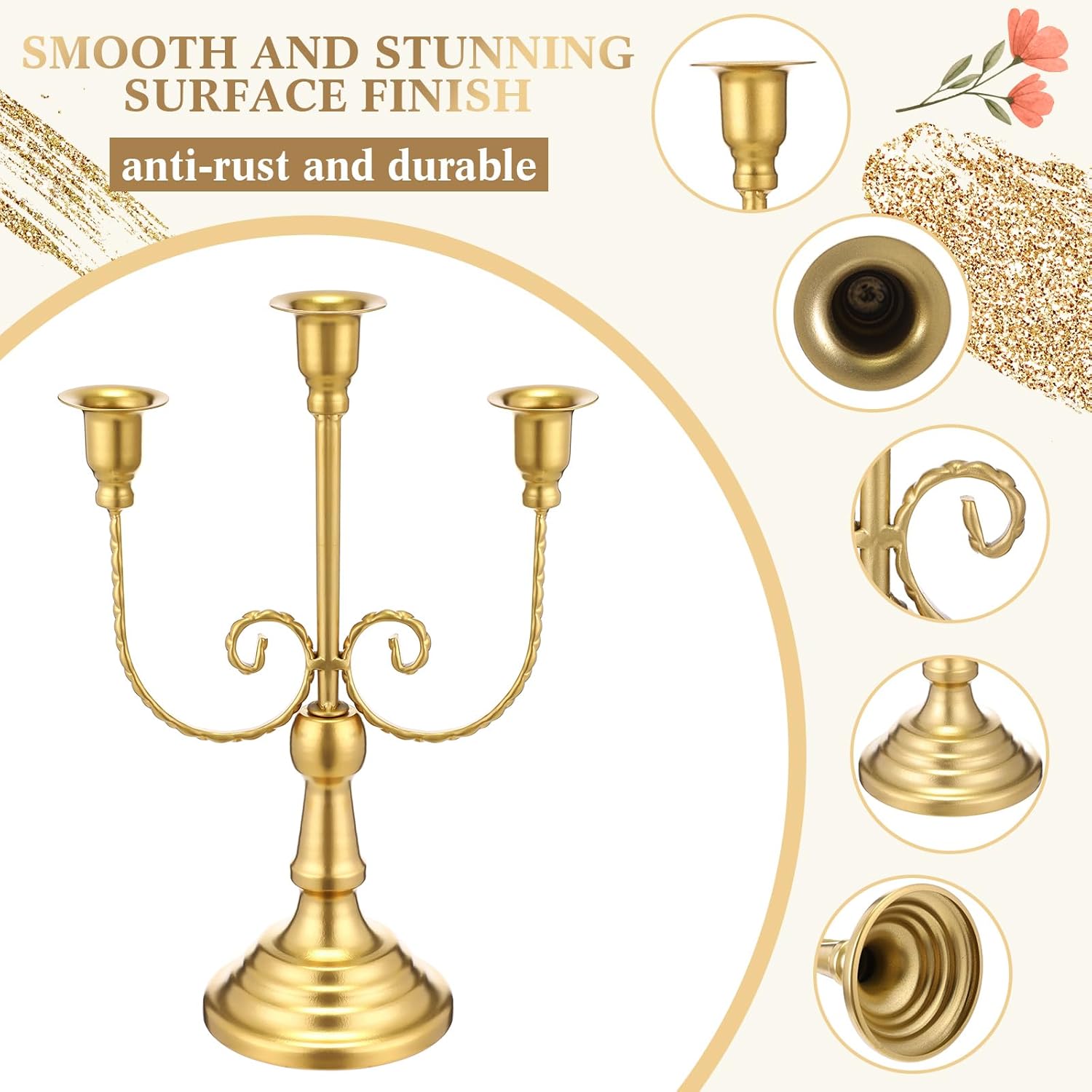 Dandat 3 Pcs 3 Arm Metal Candelabra Candlestick Holders Tall Candlestick Holders Gothic Candle Holder for Home Wedding Church Christmas Party (Retro,11.8 Inch,Gold)