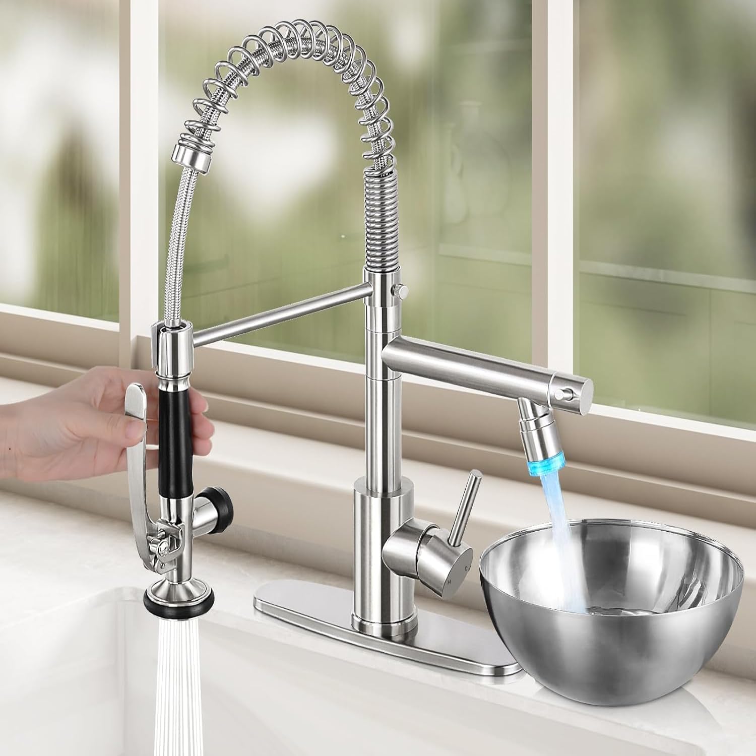 Smart Kitchen Faucet, 3 Modes Pull Down Sprayer, LED Temperature Control, Ceramic Valve,360-Degree Rotation,1 or 3 Hole Deck Plate, Double Spout. 10-Year Warranty.(Brushed Steel,KW-05SN)