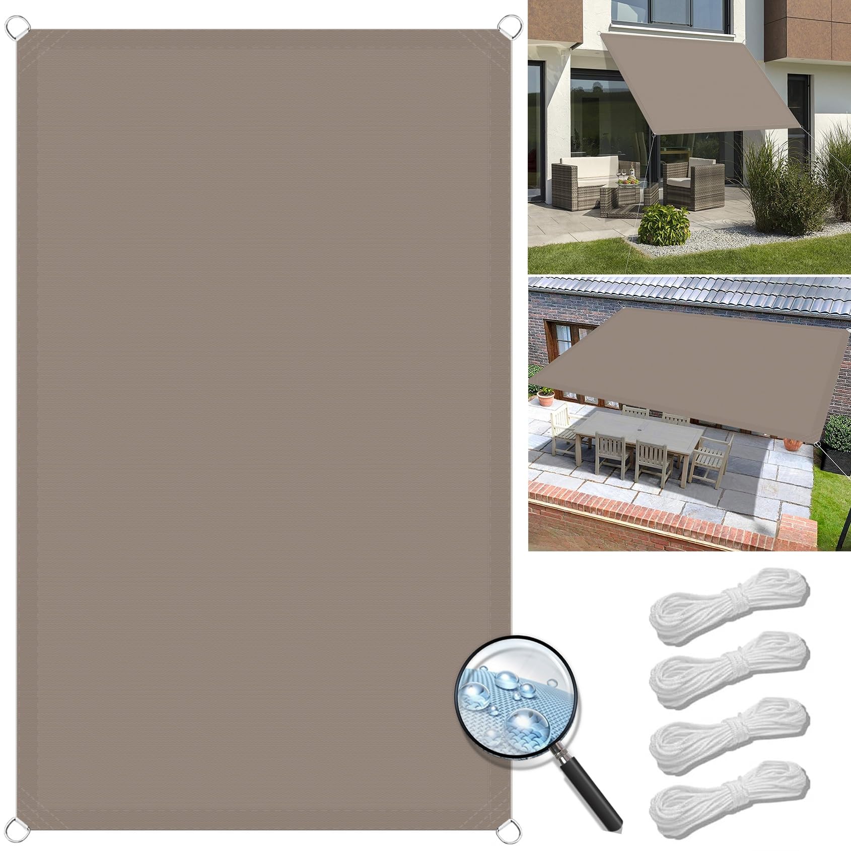 Toile ombrage imperméable 6x9 m haut de gamme protection taupe